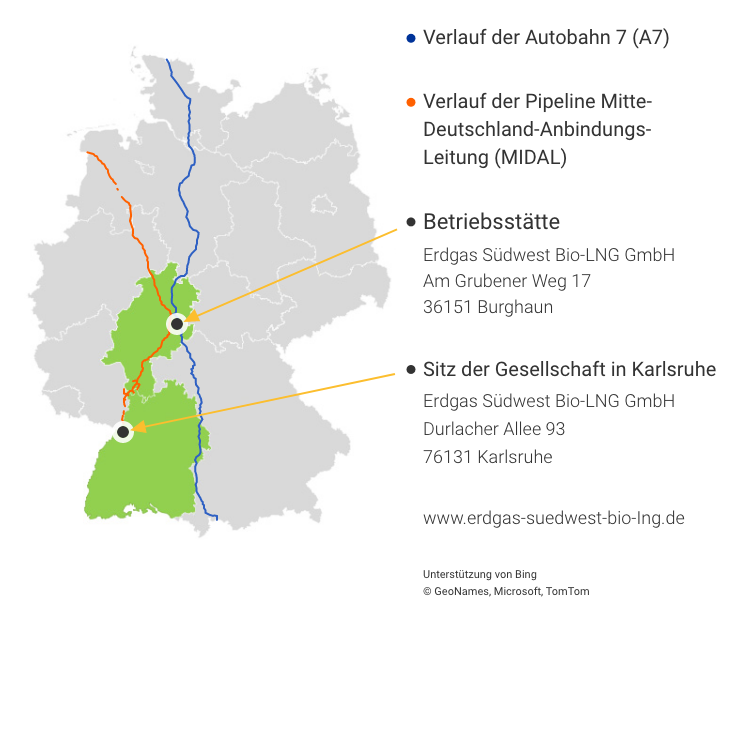 Landkarte, auf der die Standortanbindung der Verflüssigungsanlage der Erdgas Südwest Bio-LNG GmbH in Burghaun zu sehen ist.