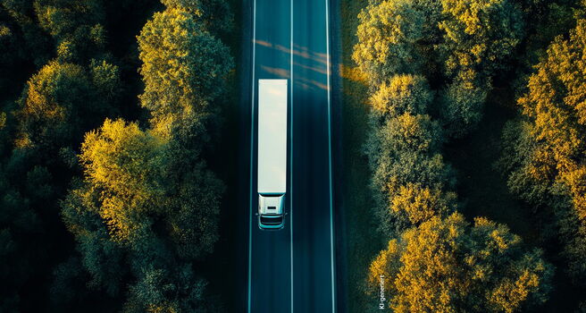 Luftaufnahme eines LKWs, der gerade auf einer Landstraße durch den Wald fährt.